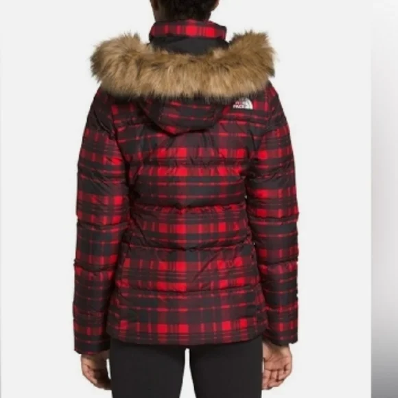 The North Face Gotham Red Plaid Puffer Jacket With Faux Fur Hooded Trim Large - Picture 2 of 8